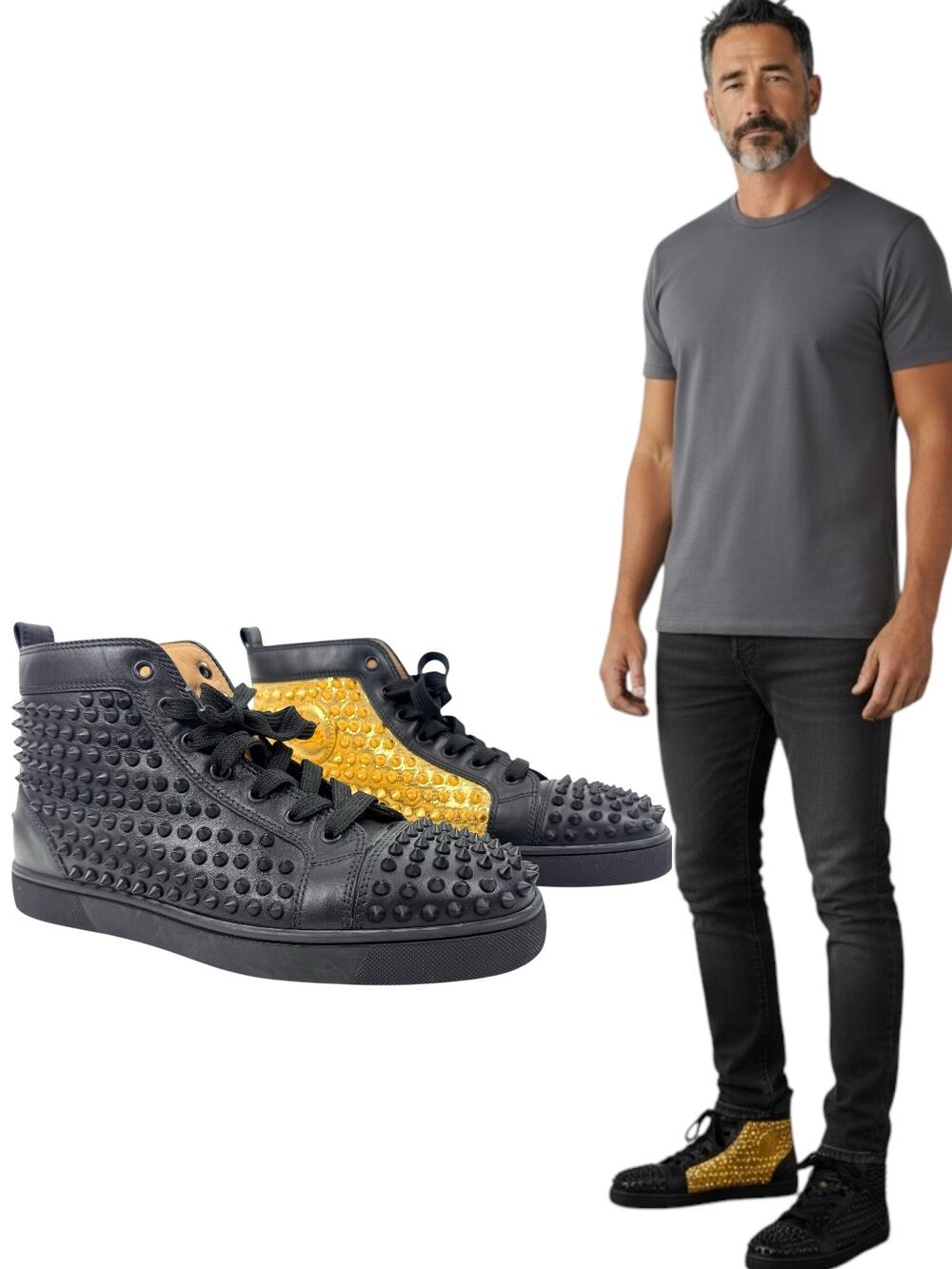 Christian Louboutin Louis Spikes High Top Leather Sneakers Black Gold Size 41